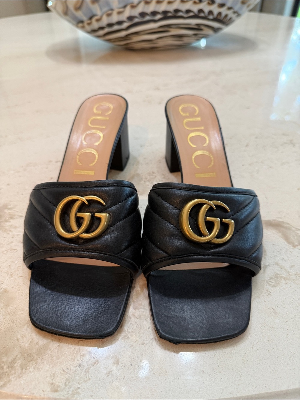 Gucci Black Leather GG Marmont Quilted Slide Sandals with Gold Hardware